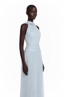 Téodora Baby Blue Halterneck Lace Maxi Dress with Cape - Aura Muse
