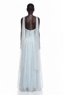 Téodora Baby Blue Halterneck Lace Maxi Dress with Cape - Aura Muse
