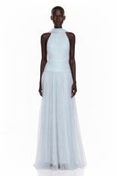 Téodora Baby Blue Halterneck Lace Maxi Dress with Cape - Aura Muse