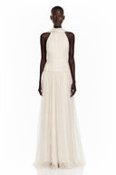 Téodora Ivory Halterneck Lace Maxi Dress with Cape - Aura Muse