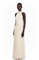 Téodora Ivory Halterneck Lace Maxi Dress with Cape - Aura Muse