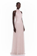 Téodora Pink Halterneck Lace Maxi Dress with Cape - Aura Muse