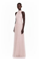 Téodora Pink Halterneck Lace Maxi Dress with Cape - Aura Muse