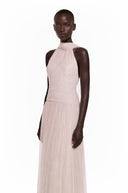 Téodora Pink Halterneck Lace Maxi Dress with Cape - Aura Muse