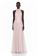 Téodora Pink Halterneck Lace Maxi Dress with Cape - Aura Muse