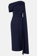 Thalia Navy Blue One Shoulder Cape Midi Dress - Aura Muse