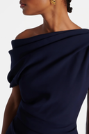 Thalia Navy Blue One Shoulder Cape Midi Dress - Aura Muse