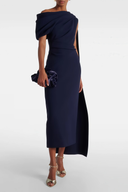 Thalia Navy Blue One Shoulder Cape Midi Dress - Aura Muse