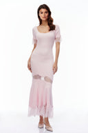 Thelma Pink Round Neck Maxi Dress with Lace Trim - Aura Muse