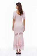 Thelma Pink Round Neck Maxi Dress with Lace Trim - Aura Muse