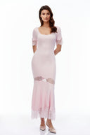 Thelma Pink Round Neck Maxi Dress with Lace Trim - Aura Muse