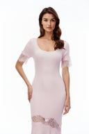 Thelma Pink Round Neck Maxi Dress with Lace Trim - Aura Muse
