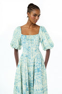 Theodora Blue Pattern Print Pleated Midi Dress - Aura Muse