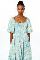 Theodora Blue Pattern Print Pleated Midi Dress - Aura Muse