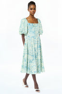 Theodora Blue Pattern Print Pleated Midi Dress - Aura Muse