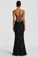 Theresa Black Floral Appliqué Corset Maxi Dress - Aura Muse