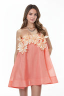 Tindra Pink Off Shoulder Mini Dress with 3D Florals - Aura Muse