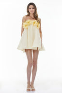 Tindra Yellow Off Shoulder Mini Dress with 3D Florals - Aura Muse