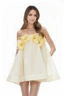 Tindra Yellow Off Shoulder Mini Dress with 3D Florals - Aura Muse
