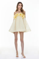 Tindra Yellow Off Shoulder Mini Dress with 3D Florals - Aura Muse
