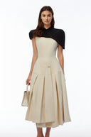 Tiphaine Khaki Cape Pleated Asymmetrical Maxi Dress - Aura Muse