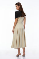 Tiphaine Khaki Cape Pleated Asymmetrical Maxi Dress - Aura Muse