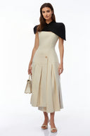 Tiphaine Khaki Cape Pleated Asymmetrical Maxi Dress - Aura Muse