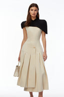 Tiphaine Khaki Cape Pleated Asymmetrical Maxi Dress - Aura Muse