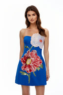 Valencia Blue Flora Embroidered Mini Dress - Aura Muse
