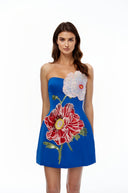 Valencia Blue Flora Embroidered Mini Dress - Aura Muse