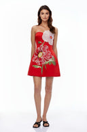 Valencia Red Flora Embroidered Mini Dress - Aura Muse