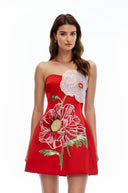 Valencia Red Flora Embroidered Mini Dress - Aura Muse