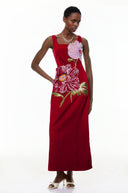 Valencia Red Floral Embroidered Maxi Dress - Aura Muse