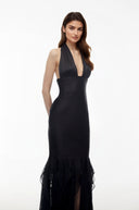 Valerie Black Halterneck Ruffled Ruched Maxi Dress - Aura Muse