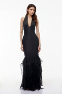 Valerie Black Halterneck Ruffled Ruched Maxi Dress - Aura Muse
