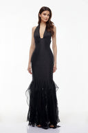 Valerie Black Halterneck Ruffled Ruched Maxi Dress - Aura Muse