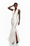 Valerie White Halterneck Ruffled Ruched Maxi Dress - Aura Muse