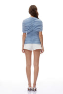 Vega Blue Mock Neck Top with Ruched Sleeves - Aura Muse