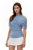 Vega Blue Mock Neck Top with Ruched Sleeves - Aura Muse