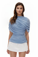 Vega Blue Mock Neck Top with Ruched Sleeves - Aura Muse