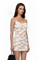 Verdandi White Sheer Mini Dress with 3D Florals - Aura Muse