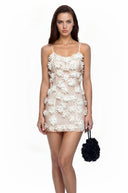 Verdandi White Sheer Mini Dress with 3D Florals - Aura Muse