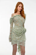 Vespera Sage Green Semi - Sheer Floral Lace Mini Dress - Aura Muse
