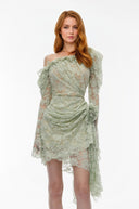 Vespera Sage Green Semi - Sheer Floral Lace Mini Dress - Aura Muse