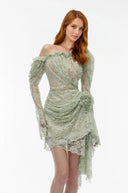 Vespera Sage Green Semi - Sheer Floral Lace Mini Dress - Aura Muse