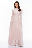 Victoire Pink Mock Neck Long Sleeve Lace Maxi Dress - Aura Muse