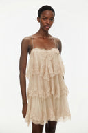 Viola Beige Tiered Mini Dress with Lace Trim - Aura Muse