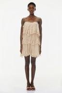 Viola Beige Tiered Mini Dress with Lace Trim - Aura Muse