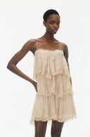 Viola Beige Tiered Mini Dress with Lace Trim - Aura Muse