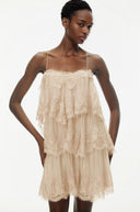 Viola Beige Tiered Mini Dress with Lace Trim - Aura Muse